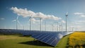 Eco-Friendly Power - Solar Panels and Wind Turbines in Sustainable Harmony - Generated using AI Technology Royalty Free Stock Photo