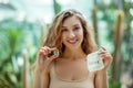 Pretty young woman holding eyeshadow box and eco bag Royalty Free Stock Photo