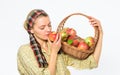 Eco friendly product concept. Woman sincere villager carry basket with natural fruits. Lady farmer gardener proud of her Royalty Free Stock Photo