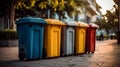 Recycled Plastic Outdoor Dustbins. Colorful plastic bins for different waste types