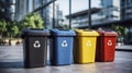 Recycled Plastic Outdoor Dustbins. Colorful plastic bins for different waste types