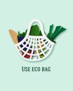 Eco-friendly reusable bag with farm vegetables. Environmental Protection. Zero waste. Shopping at the store. Paper cut