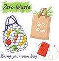 Eco-friendly reusable bag set with products. Zero waste collection. Ecological concept, no plastic