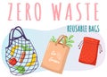 Eco-friendly reusable bag set with products. Zero waste collection. Ecological concept, no plastic