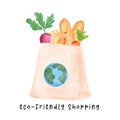 Eco-Friendly reusable fabric tote shopping Bag full of fresh vegetables watercolor hand drawing illustration, bring your own bag