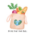 Eco-Friendly reusable fabric tote shopping Bag full of fresh vegetables watercolor hand drawing illustration, bring your own bag