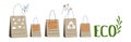 Eco friendly, reusable and recycle kraft bag. Recycling, zero waste, go green concept. Paper pack set. Eco-friendly