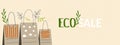 Eco friendly reusable and recycle kraft bag or Spring green sale banner template. Recycling, zero waste, go green