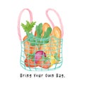 Eco-Friendly reusable shopping Bag full of fresh vegetables watercolor hand drawing illustration