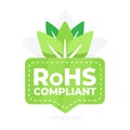 Eco Friendly RoHS Compliant Badge with Green Leaves and Checkmark Symbol