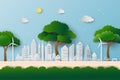 Eco friendly and save the environment conservation concept,landscape with clean city and big trees on paper art style Royalty Free Stock Photo