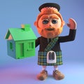 Eco friendly Scottish man with red beard and kilt holds a small green house, 3d illustration