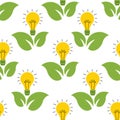 Eco friendly seamless pattern featuring light bulb symbol and fresh green leaves Royalty Free Stock Photo