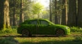 Eco-friendly SUV covered in moss within a forest Royalty Free Stock Photo