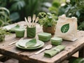 Eco friendly tableware with reusable cutlery, green containers, fabric bag with leaf design, and plants arranged on rustic wooden Royalty Free Stock Photo