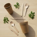 Eco-friendly tableware set on a light wooden surface includes compostable brown Royalty Free Stock Photo