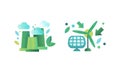 Eco Friendly Technologies Icons Set, Power Plant, Solar Panel, Green Energy and Environment Protection Concept Flat