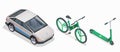 Eco friendly technology isometric collection with isolated icons of electric battery automobile bicycle and kick scooter vector Royalty Free Stock Photo
