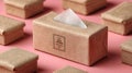 Eco-friendly tissue box and kraft paper wrapped items on pink Royalty Free Stock Photo