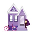 Eco friendly transport, young woman bicycle outside house Royalty Free Stock Photo