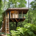 Eco-Friendly Treehouse: A sustainable treehouse surrounded by lush greenery, using natural materials like reclaimed wood and sol