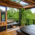 Eco-Friendly Treehouse: A sustainable treehouse surrounded by lush greenery, using natural materials like reclaimed wood and sol