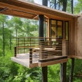Eco-Friendly Treehouse: A sustainable treehouse surrounded by lush greenery, using natural materials like reclaimed wood and sol