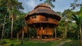 Eco-friendly treehouse with wooden bridge in tropical forest