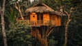 Eco-friendly treehouse with wooden bridge in tropical forest