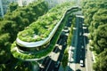 Eco-friendly urban future. Futuristic cityscape adorned with electric cars on the roads, rooftop gardens and green spaces. Concept