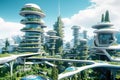 Eco-friendly urban future. Futuristic cityscape adorned with skyscrapers, rooftop gardens and green spaces. Concept of creating