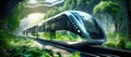 Eco-friendly urban transport: green train in urban landscape, green transport solution, modern urban transportation,
