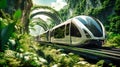 Eco-friendly urban transport: green train in urban landscape, green transport solution, modern urban transportation,