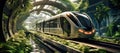 Eco-friendly urban transport: green train in urban landscape, green transport solution, modern urban transportation,