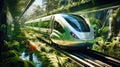 Eco-friendly urban transport: green train in urban landscape, green transport solution, modern urban transportation,