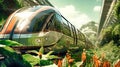 Eco-friendly urban transport: green train in urban landscape, green transport solution, modern urban transportation,