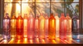 eco-friendly water bottles, elegantly arranged under soft lighting, pastel-colored reusable water bottles create a
