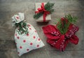 Eco Friendly way to Gift Wrap for Christmas. Xmas gift box in craft paper, reusable texile fabric wrapping and drawstring canvas