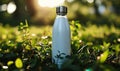 Eco-Friendly White Insulated Stainless Steel Water Bottle Standing in Lush Green Grass, Environmentally Conscious Hydration