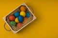 Eco-friendly wooden box with Easter eggs . copy space Royalty Free Stock Photo