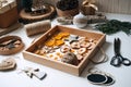 Eco friendly zero waste dried orange slices and DIY tools and stuff on the table. Handmade dried orange for Christmas Royalty Free Stock Photo