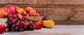 Eco fruit on wood background in Autumn. Agricultural on harvest cornucopia fall season and thanksgiving