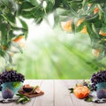 Eco Fruits on light wooden table in sunlight mandarin garden. Natural morning background Royalty Free Stock Photo