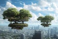 Eco-Futuristic Floating Gardens Over City. Eco-futuristic floating gardens hover over a city, melding nature with urban Royalty Free Stock Photo