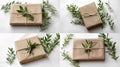 Eco gift wrapping brown craft paper with green plant decoration. Top view on white background