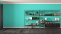 Eco gray and turquoise interior design with wooden bookshelf, di Royalty Free Stock Photo