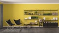 Eco gray and yellow interior design with wooden bookshelf, diy v