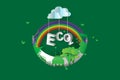 Eco green city design,Crescent Moon,3d,isometric,rainbow,paper art Royalty Free Stock Photo