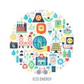 Eco green energy flat infographics icons in circle - color concept illustration for cover, emblem, template. Royalty Free Stock Photo