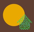 Eco green house icon made of tree branches with leaves and blue flowers isolated on brown background. Copy space. Sunny orange Royalty Free Stock Photo
